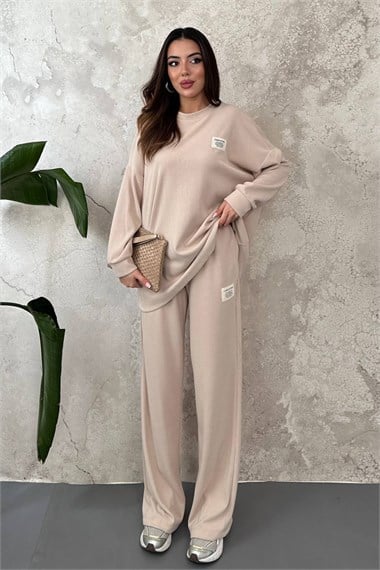 Beige Classic Corduroy Sweater And Trousers Set