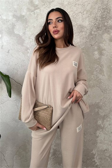 Beige Classic Corduroy Sweater And Trousers Set