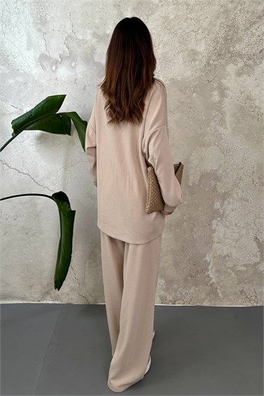 Beige Classic Corduroy Sweater And Trousers Set