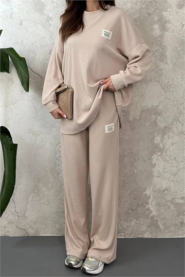 Beige Classic Corduroy Sweater And Trousers Set