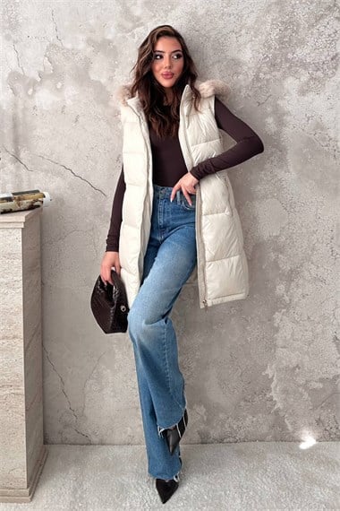 Bej Sıfır Kol Kapüşonlu Şişme Mont