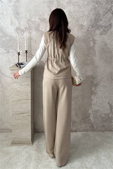Beige Suede Vest And Trousers Set