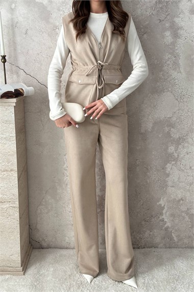 Beige Suede Vest And Trousers Set