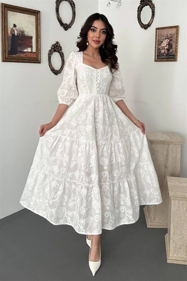 White Buttoned Embroidered Dress