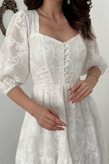 White Buttoned Embroidered Dress
