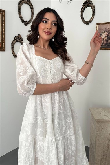 White Buttoned Embroidered Dress