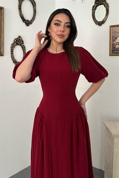 Bordo Arkadan Bağlamalı Büzgülü Keten Elbise