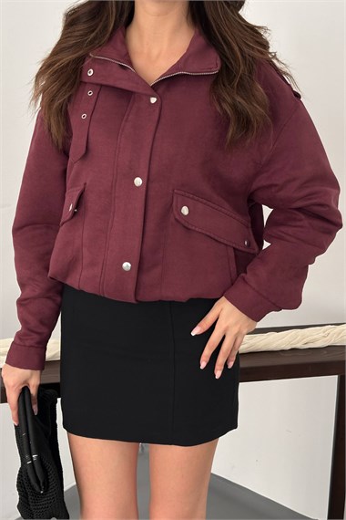 Burgundy Stand-Collar Short Jacket