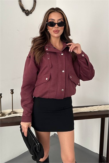 Burgundy Stand-Collar Short Jacket
