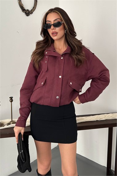Burgundy Stand-Collar Short Jacket