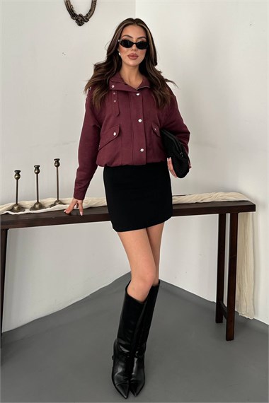 Burgundy Stand-Collar Short Jacket