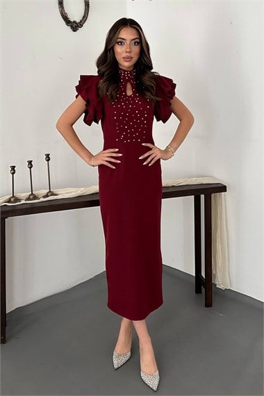 Bordo Işıltılı Elbise