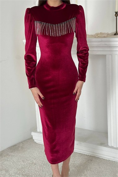 Bordo Kadife Işıltılı Elbise