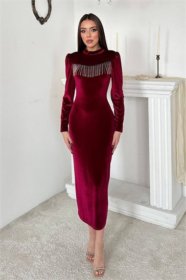 Bordo Kadife Işıltılı Elbise