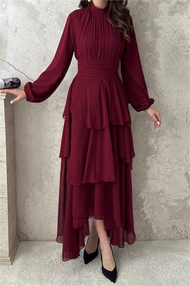 Burgundy Layered Dress with Waist Detail