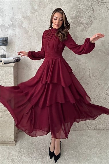 Bordo Kat Kat Bel Detaylı Elbise
