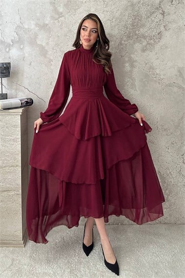 Burgundy Layered Dress with Waist Detail