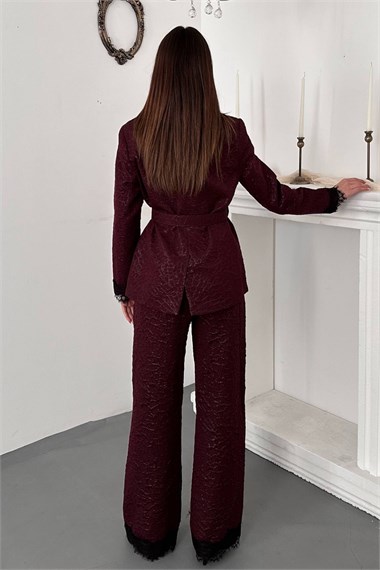 Bordo Kolları Dantelli Takım