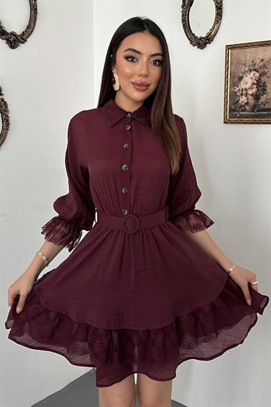 Burgundy Lace Dress With Button Front