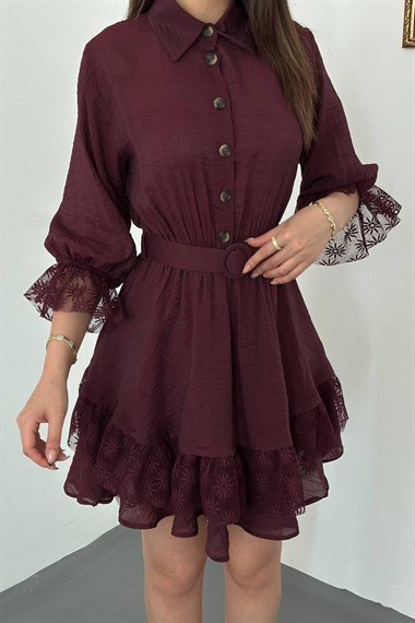 Burgundy Lace Dress With Button Front