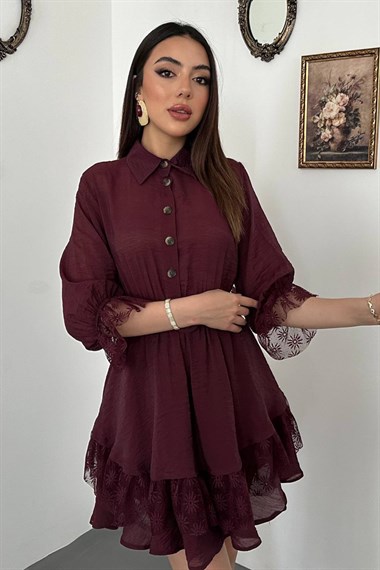 Burgundy Lace Dress With Button Front