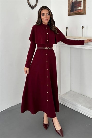 Bordo Pelerinli Elbise