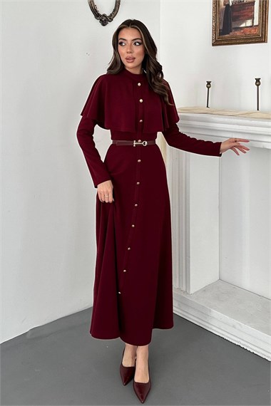 Bordo Pelerinli Elbise