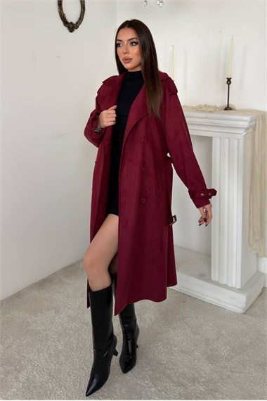 Bordo Reglan Kollu Süet Trençkot