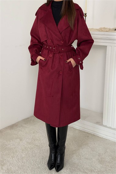 Bordo Reglan Kollu Süet Trençkot