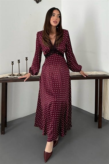 Burgundy Satin Polka Dot Dress With Lace Details