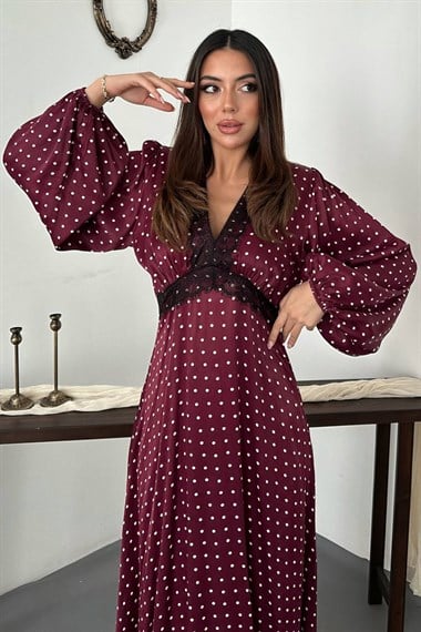 Burgundy Satin Polka Dot Dress With Lace Details