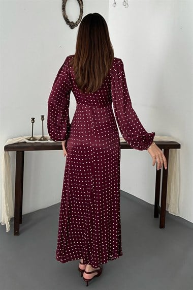 Burgundy Satin Polka Dot Dress With Lace Details