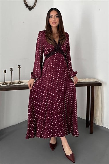 Burgundy Satin Polka Dot Dress With Lace Details