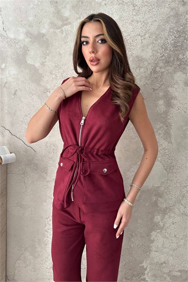 Burgundy Suede Vest And Trousers Set