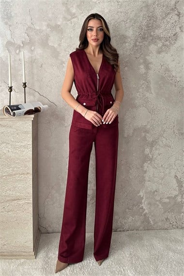 Burgundy Suede Vest And Trousers Set