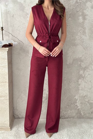 Burgundy Suede Vest And Trousers Set