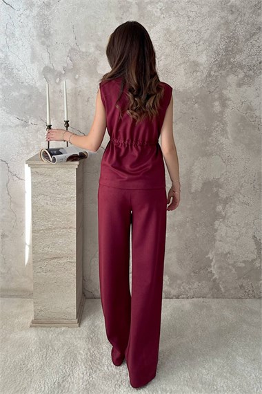 Burgundy Suede Vest And Trousers Set