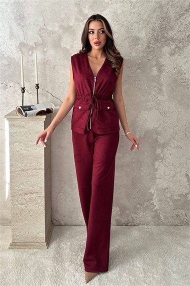 Burgundy Suede Vest And Trousers Set