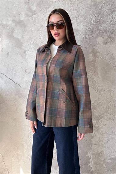 Burgundy Plaid Jacket With Collar Trim