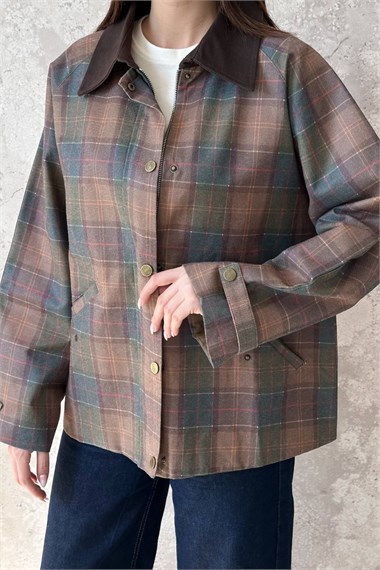 Burgundy Plaid Jacket With Collar Trim