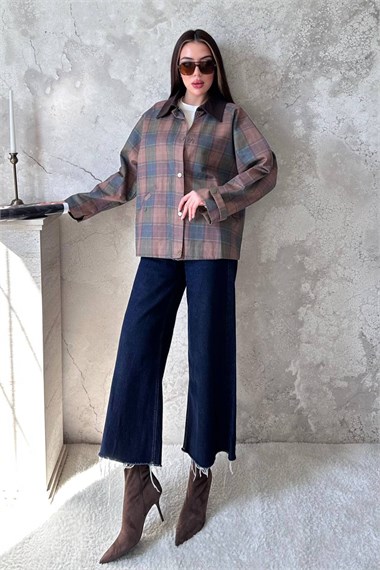 Burgundy Plaid Jacket With Collar Trim
