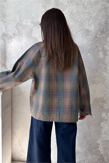 Burgundy Plaid Jacket With Collar Trim