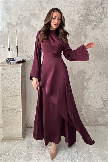 Bordo Yandan Bağlamalı Saten Elbise