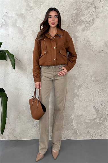 Camel Stand-Up Collar Short Jacket