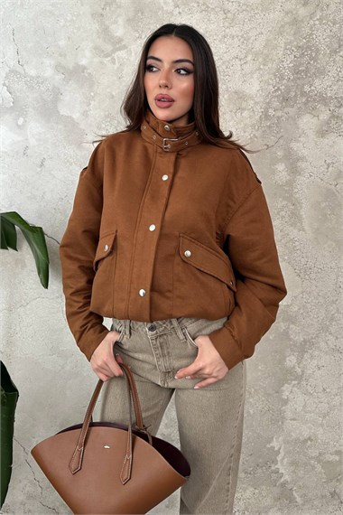 Camel Stand-Up Collar Short Jacket