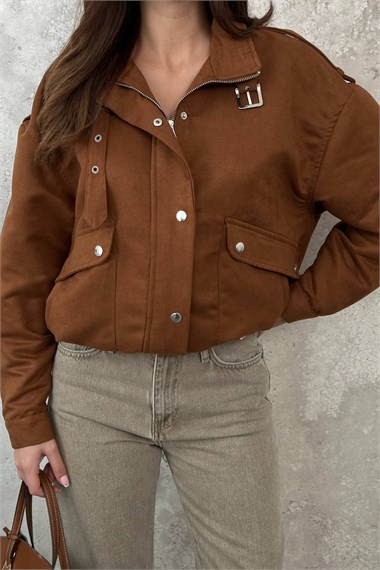 Camel Stand-Up Collar Short Jacket
