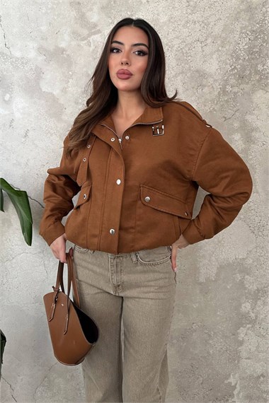 Camel Stand-Up Collar Short Jacket