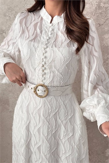 Off-White Long Dress With Belt Detail