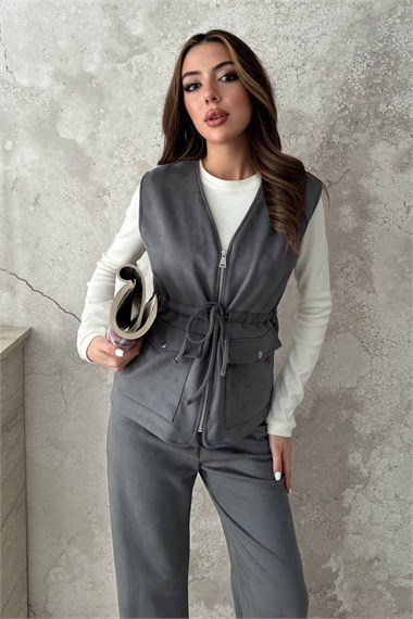 Gray Suede Vest And Trousers Set
