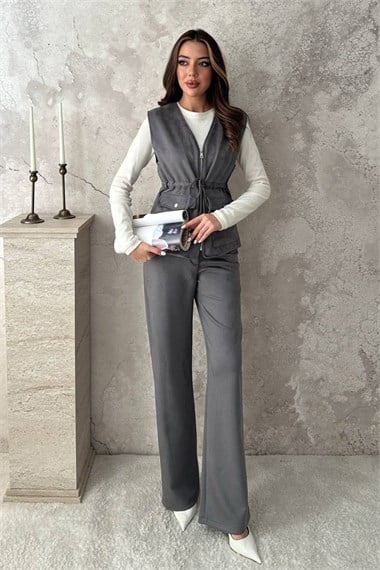 Gray Suede Vest And Trousers Set